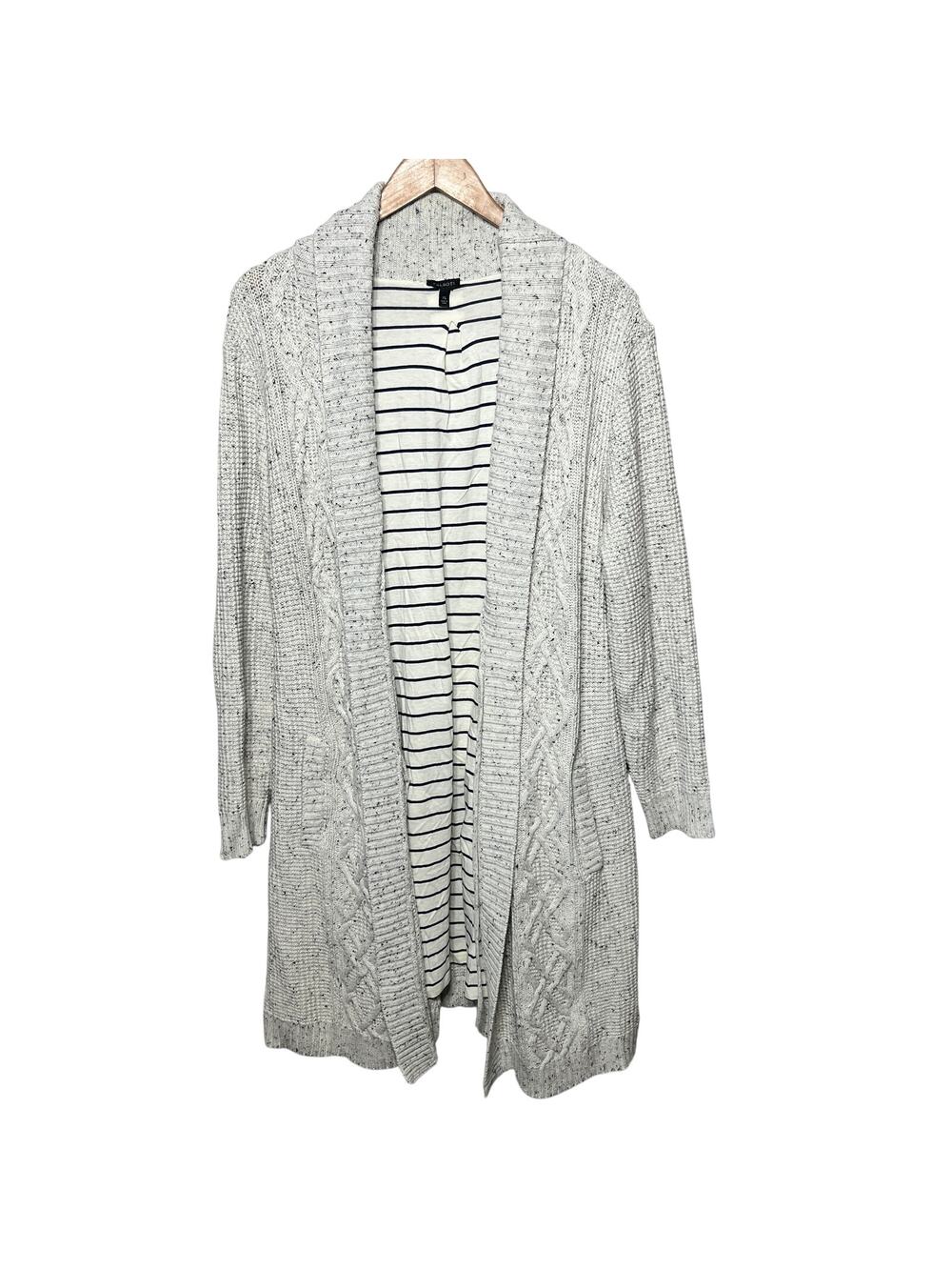 Talbots Sweater Coat Jacket White Gray Belted Lined Pockets Casual Comfy Cozy XL